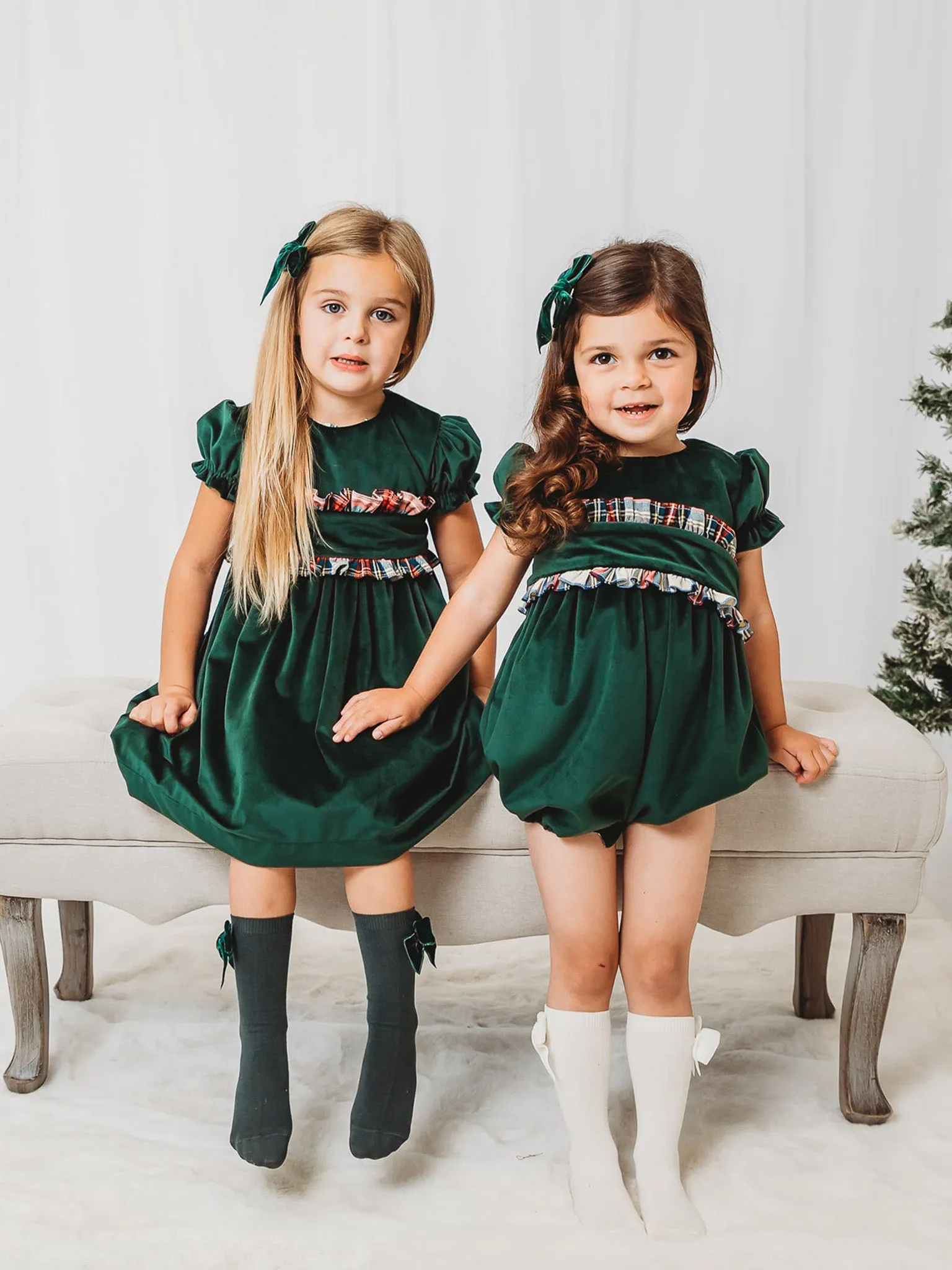 'Holly' green velvet & tartan dress