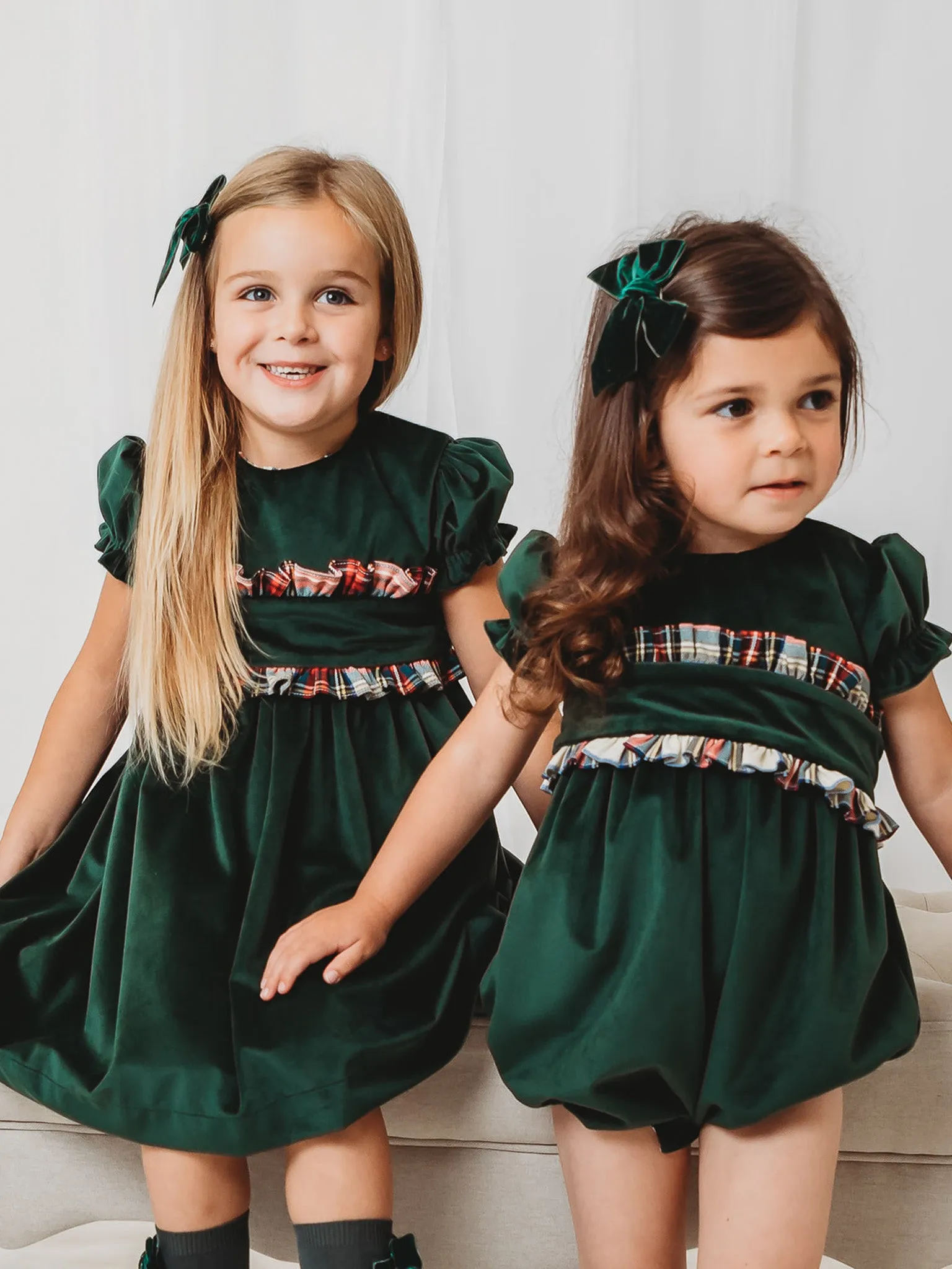 'Holly' green velvet & tartan dress