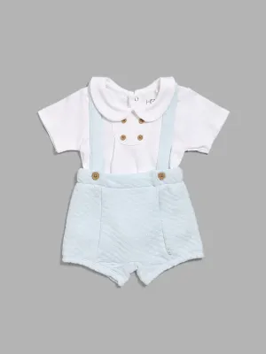 HOP Baby White T-Shirt, Blue Self-Patterned Shorts & Suspender Set