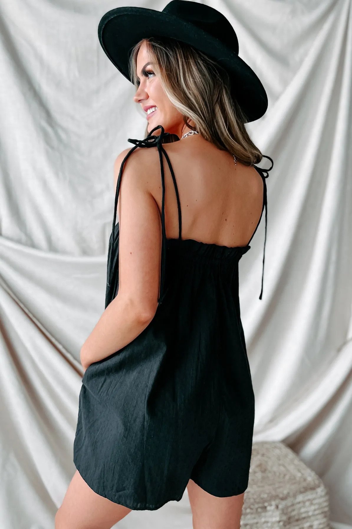 Idra Tie-Strap Textured Cotton Romper (Black)