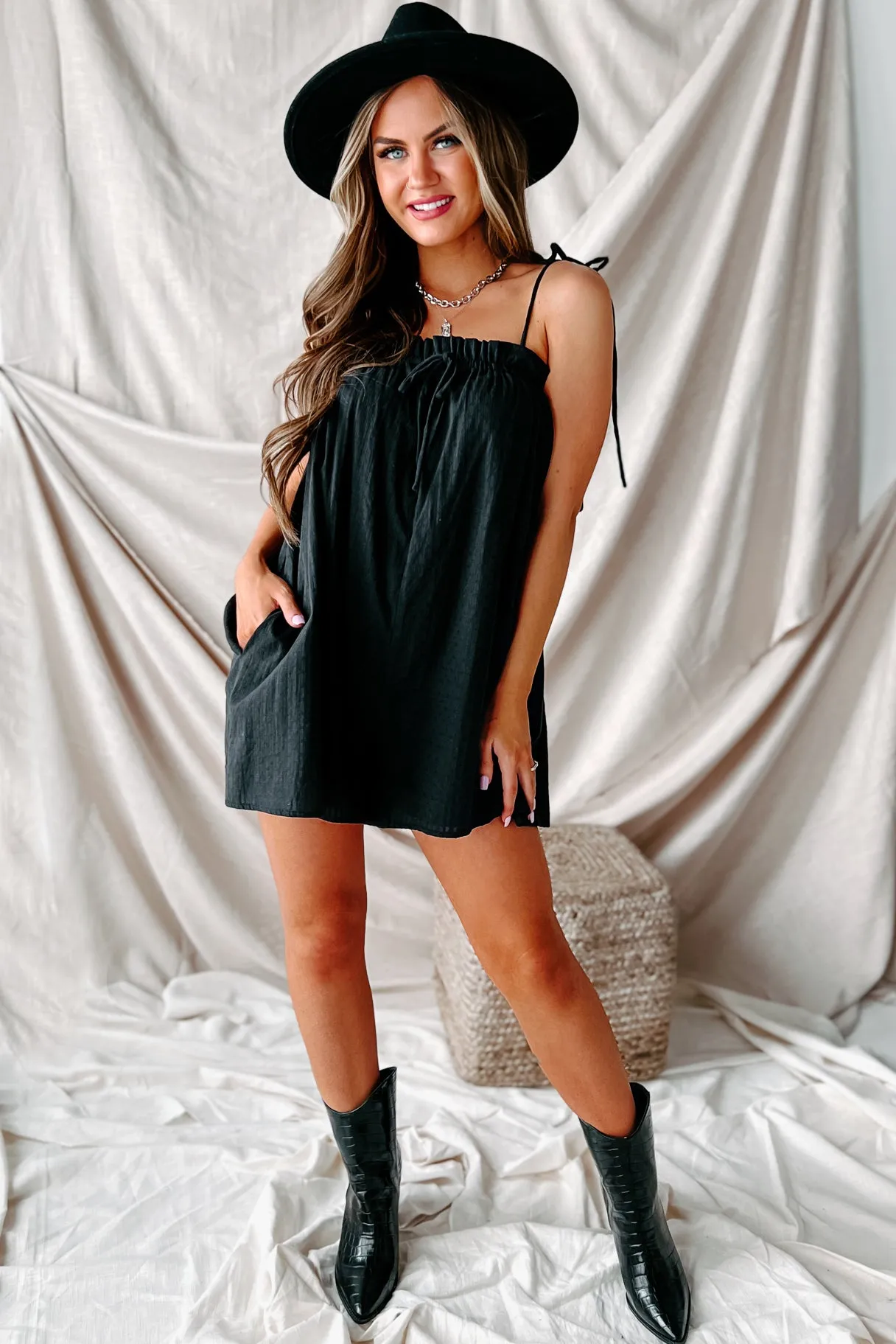 Idra Tie-Strap Textured Cotton Romper (Black)