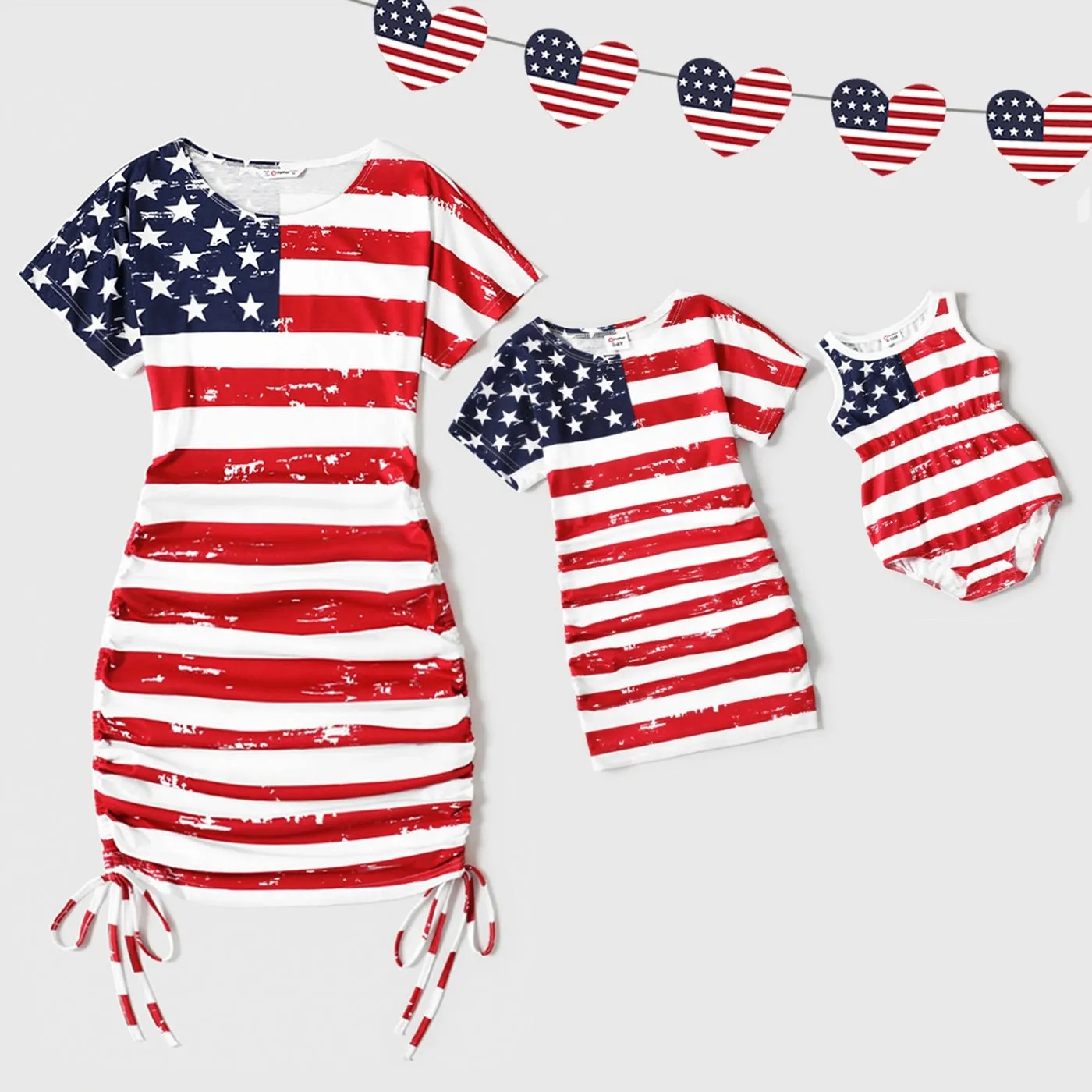 Independence Day Mommy and Me Star & Striped Spliced Short-sleeve Drawstring Ruched Bodycon T-shirt Dresses