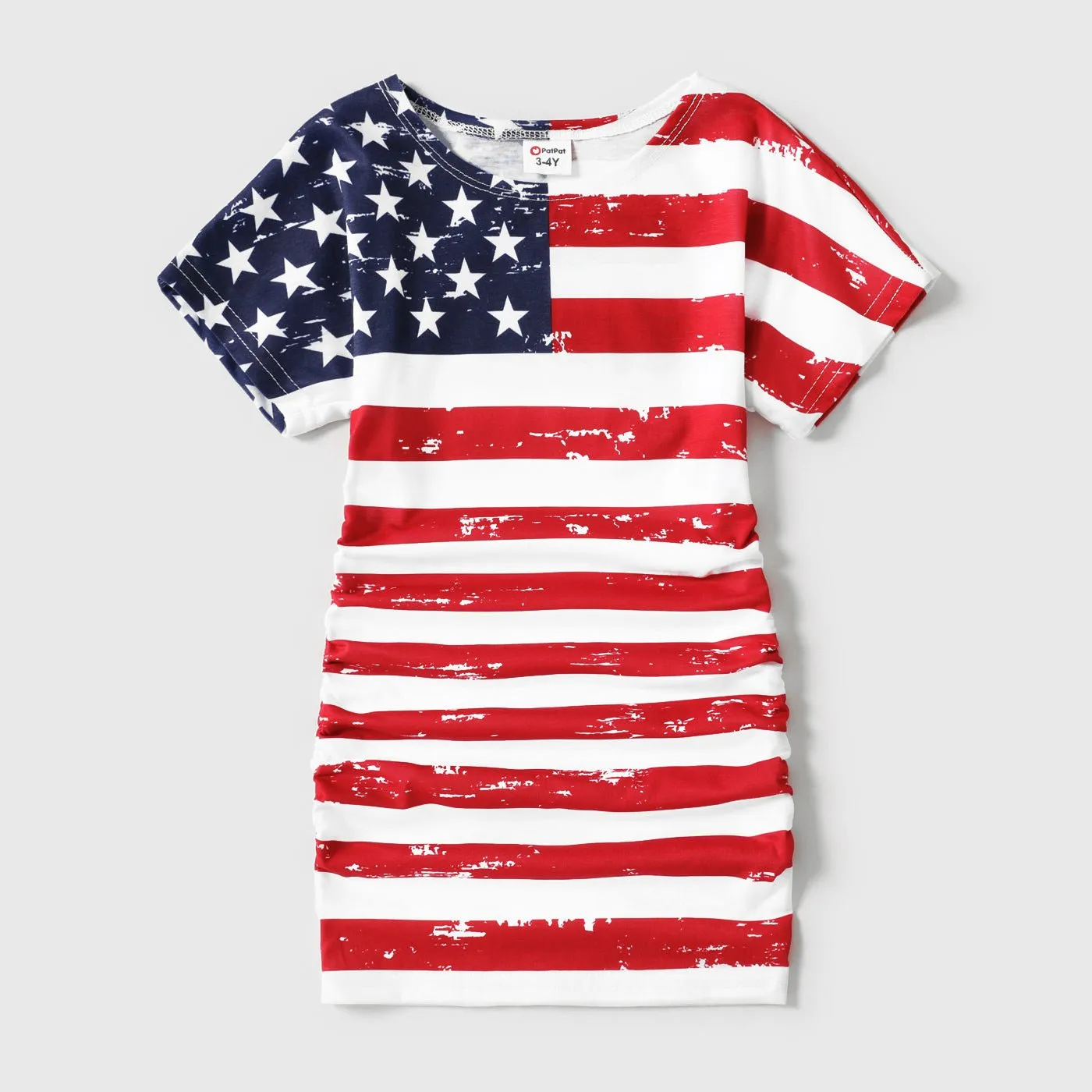 Independence Day Mommy and Me Star & Striped Spliced Short-sleeve Drawstring Ruched Bodycon T-shirt Dresses