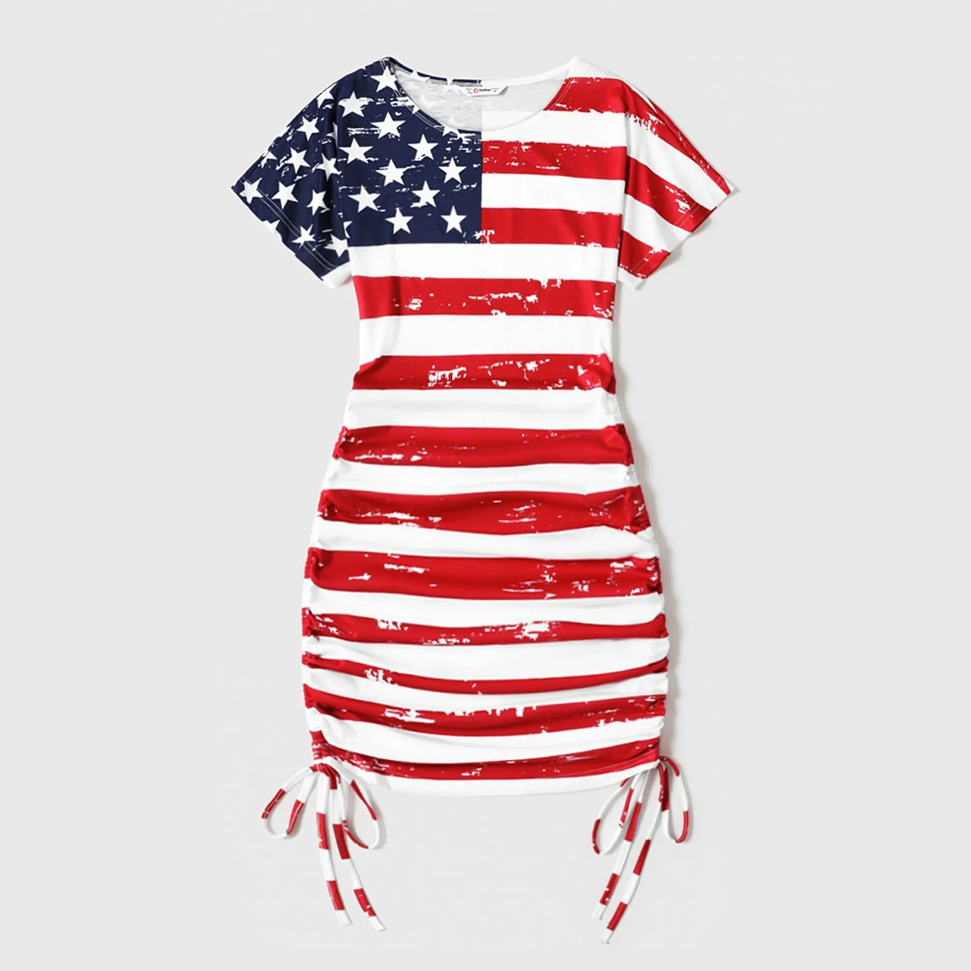 Independence Day Mommy and Me Star & Striped Spliced Short-sleeve Drawstring Ruched Bodycon T-shirt Dresses