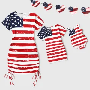 Independence Day Mommy and Me Star & Striped Spliced Short-sleeve Drawstring Ruched Bodycon T-shirt Dresses