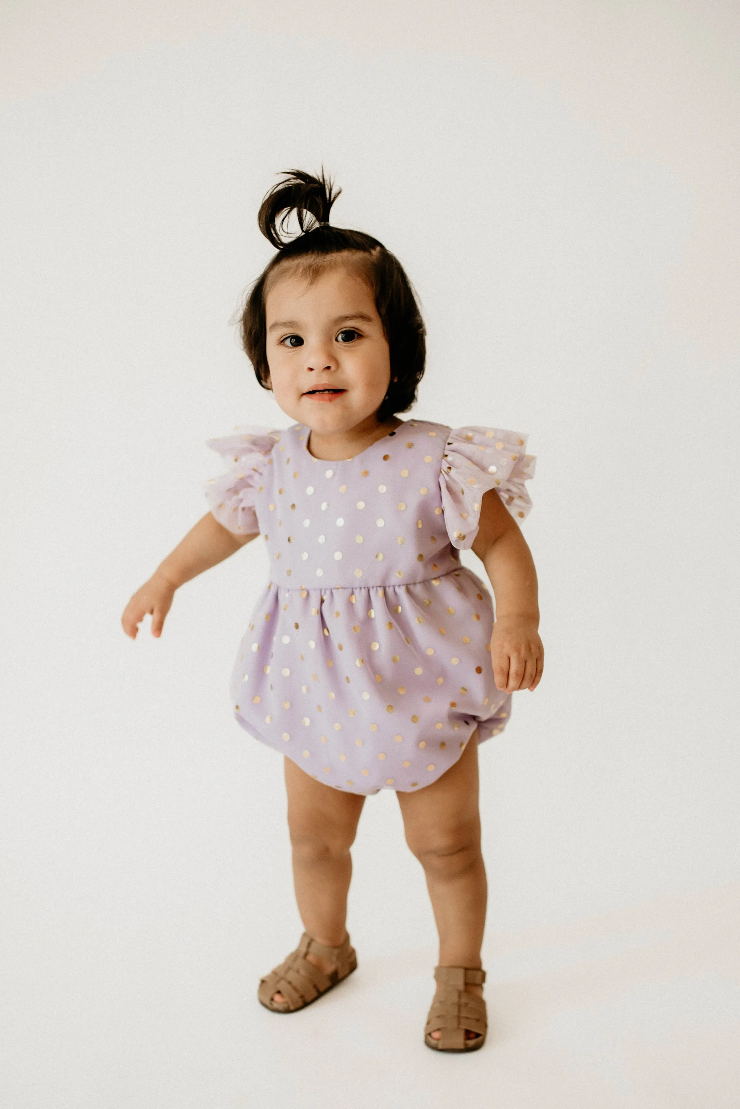 Infant Girl's Purple and Gold Polka Dot Tulle Bubble Romper