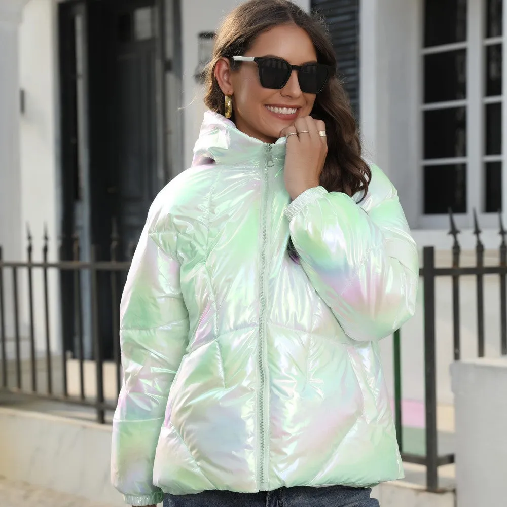Iridescent Pink Shiny Hooded Puffer Coat