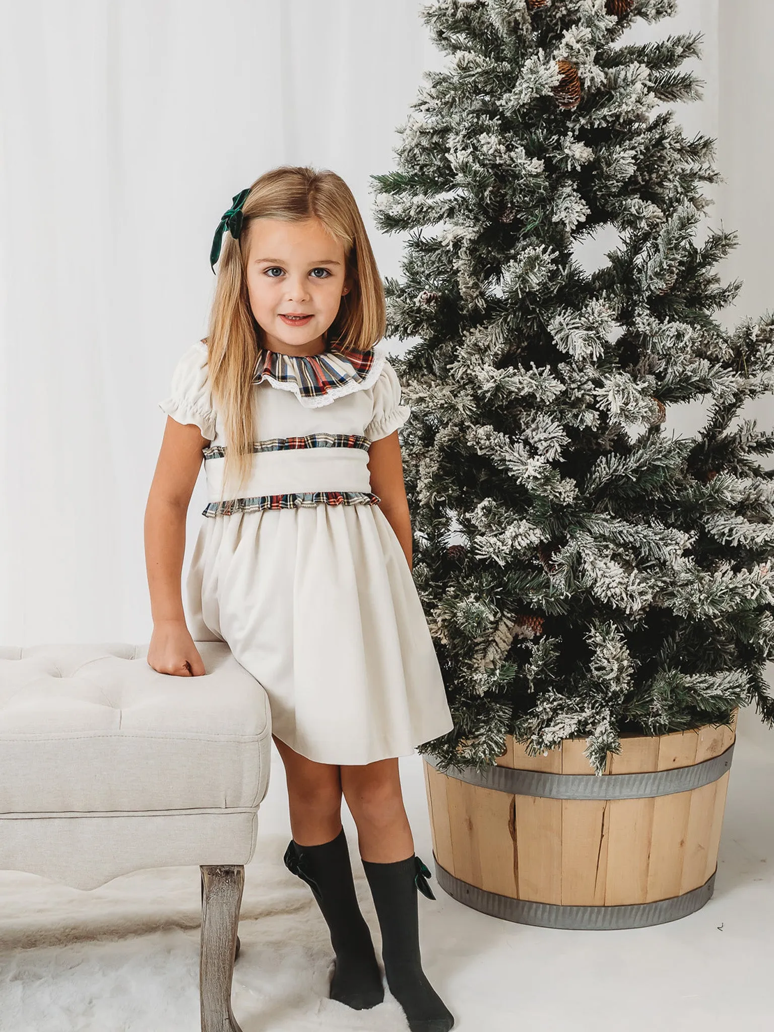 'Ivy' Ivory velvet & tartan dress
