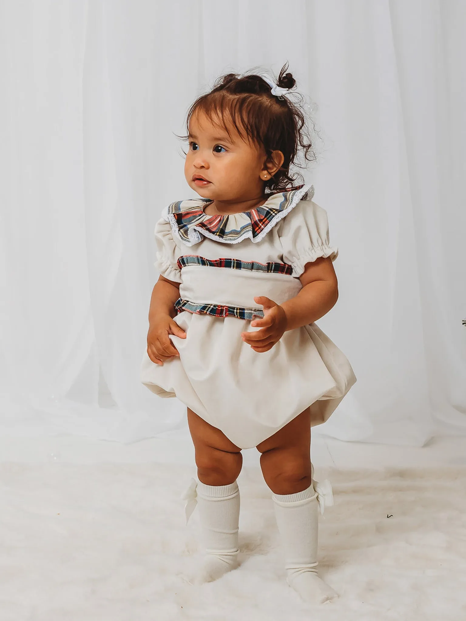 'Ivy' Ivory velvet & tartan romper