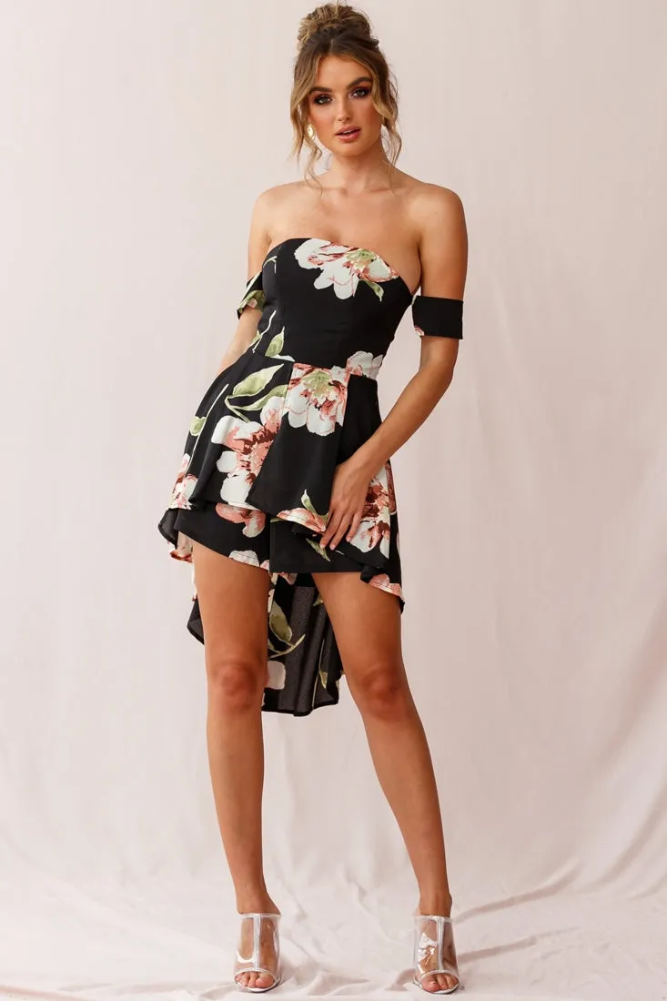 Jessa Off the Shoulder High Low Floral Romper Black