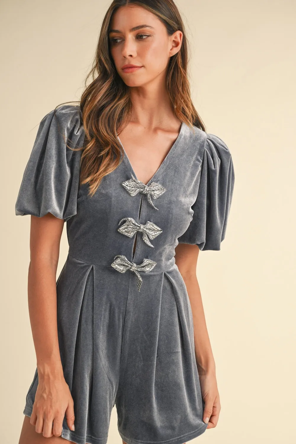 Jewel Bow Puff Sleeve Velvet Romper (Online Only)