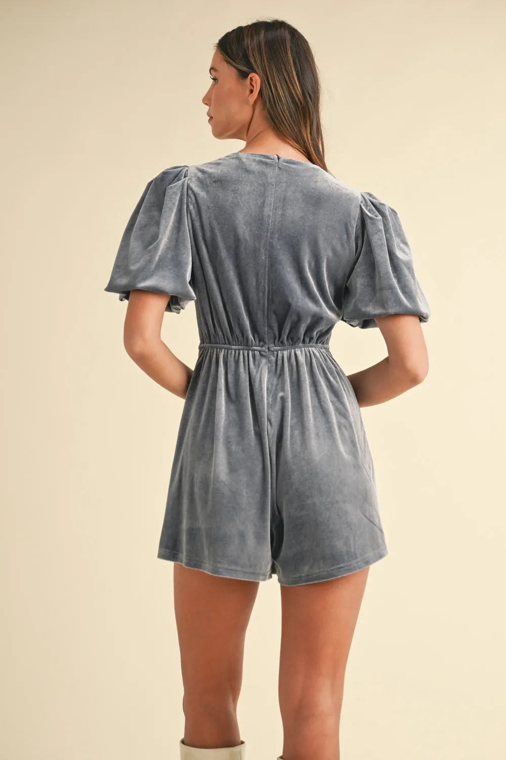 Jewel Bow Puff Sleeve Velvet Romper (Online Only)