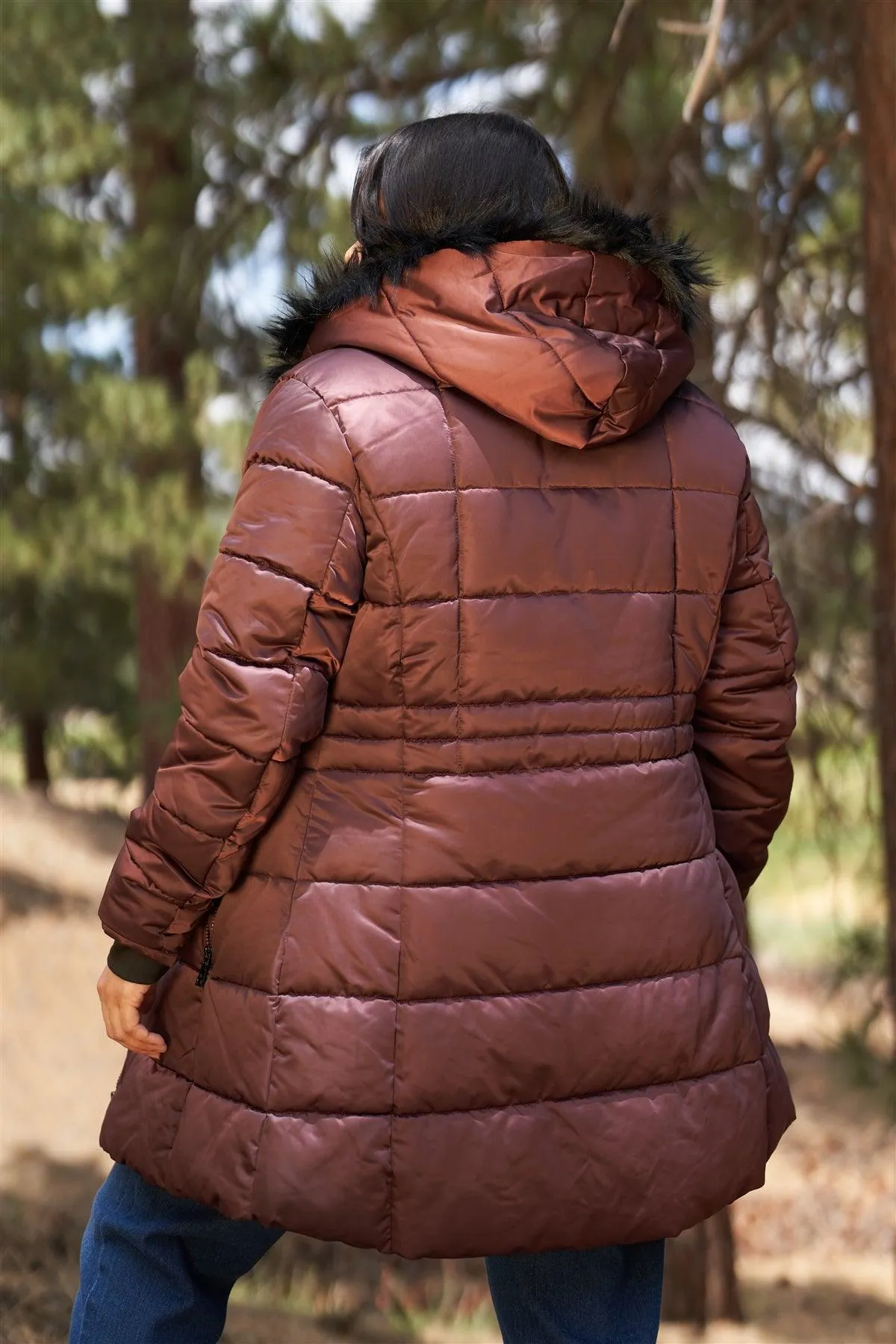 Junior Plus Wine Glossy Long Fitted Vegan Fur Hood Detail Winter Puffer Jacket /1-2-1-1