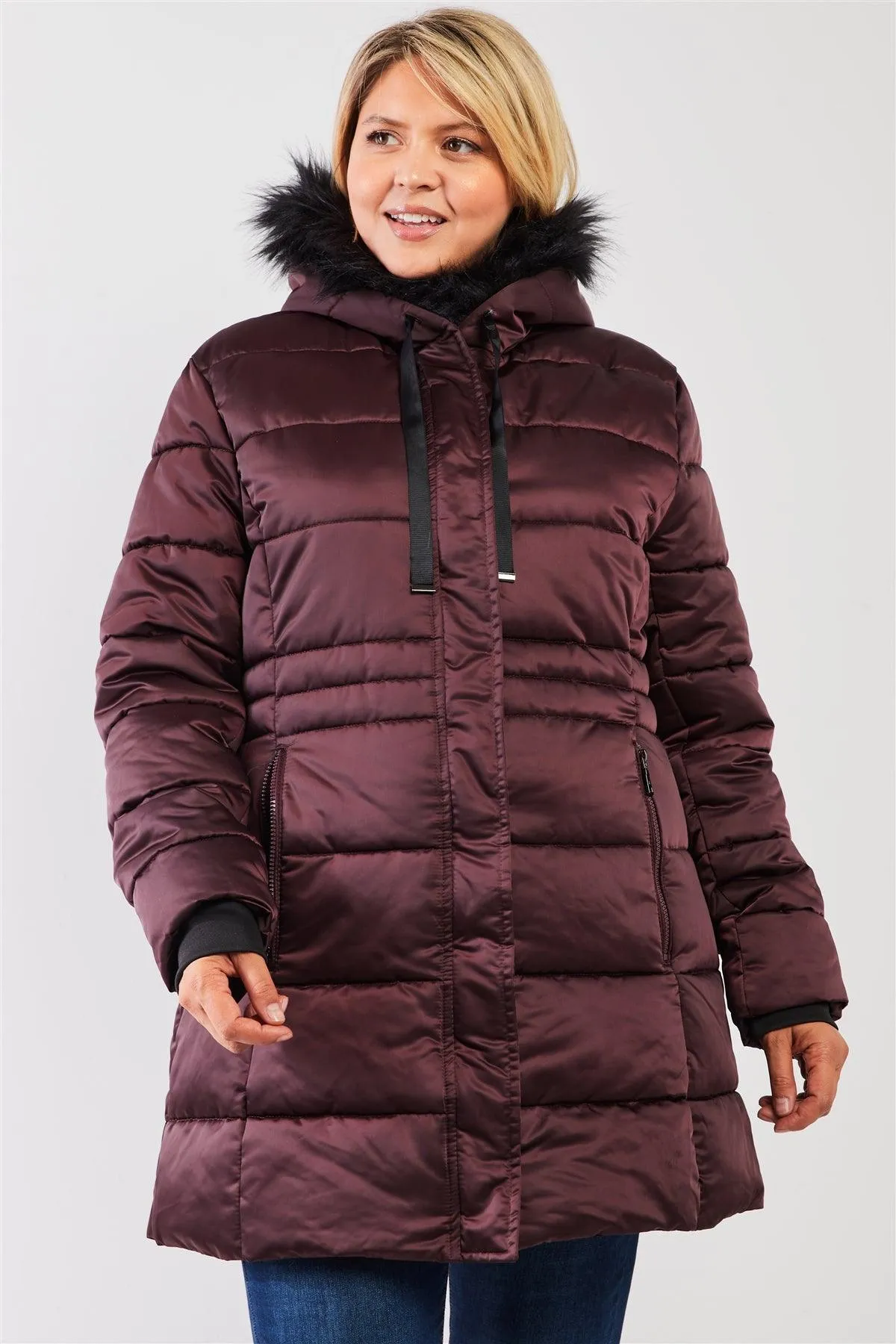 Junior Plus Wine Glossy Long Fitted Vegan Fur Hood Detail Winter Puffer Jacket /1-2-1-1