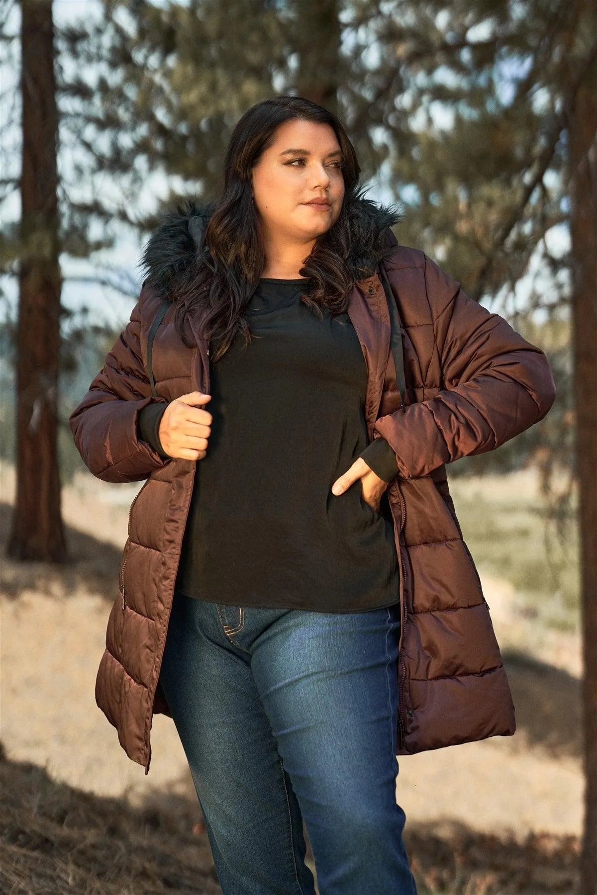 Junior Plus Wine Glossy Long Fitted Vegan Fur Hood Detail Winter Puffer Jacket /1-2-1-1