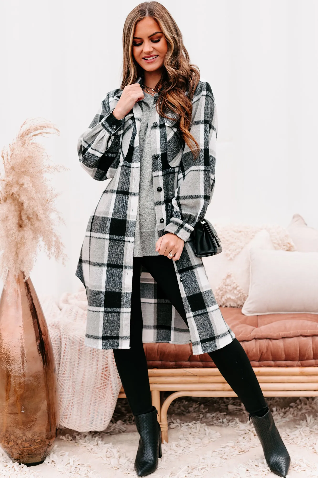 Keep Checkin Plaid Long Shacket (Black)