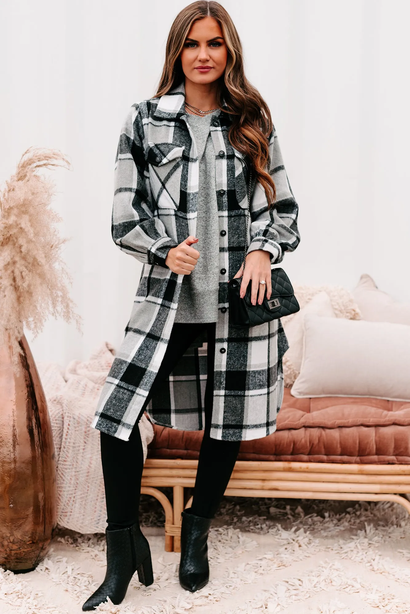 Keep Checkin Plaid Long Shacket (Black)