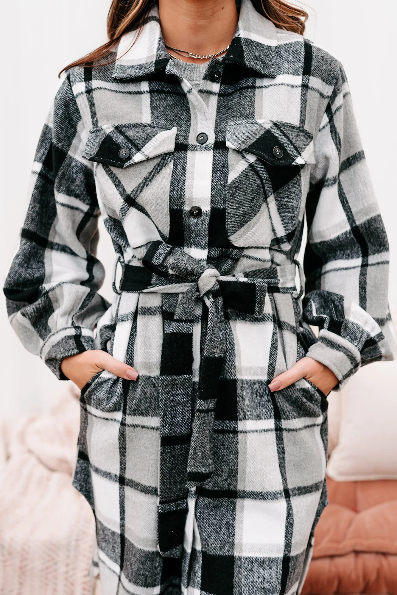 Keep Checkin Plaid Long Shacket (Black)