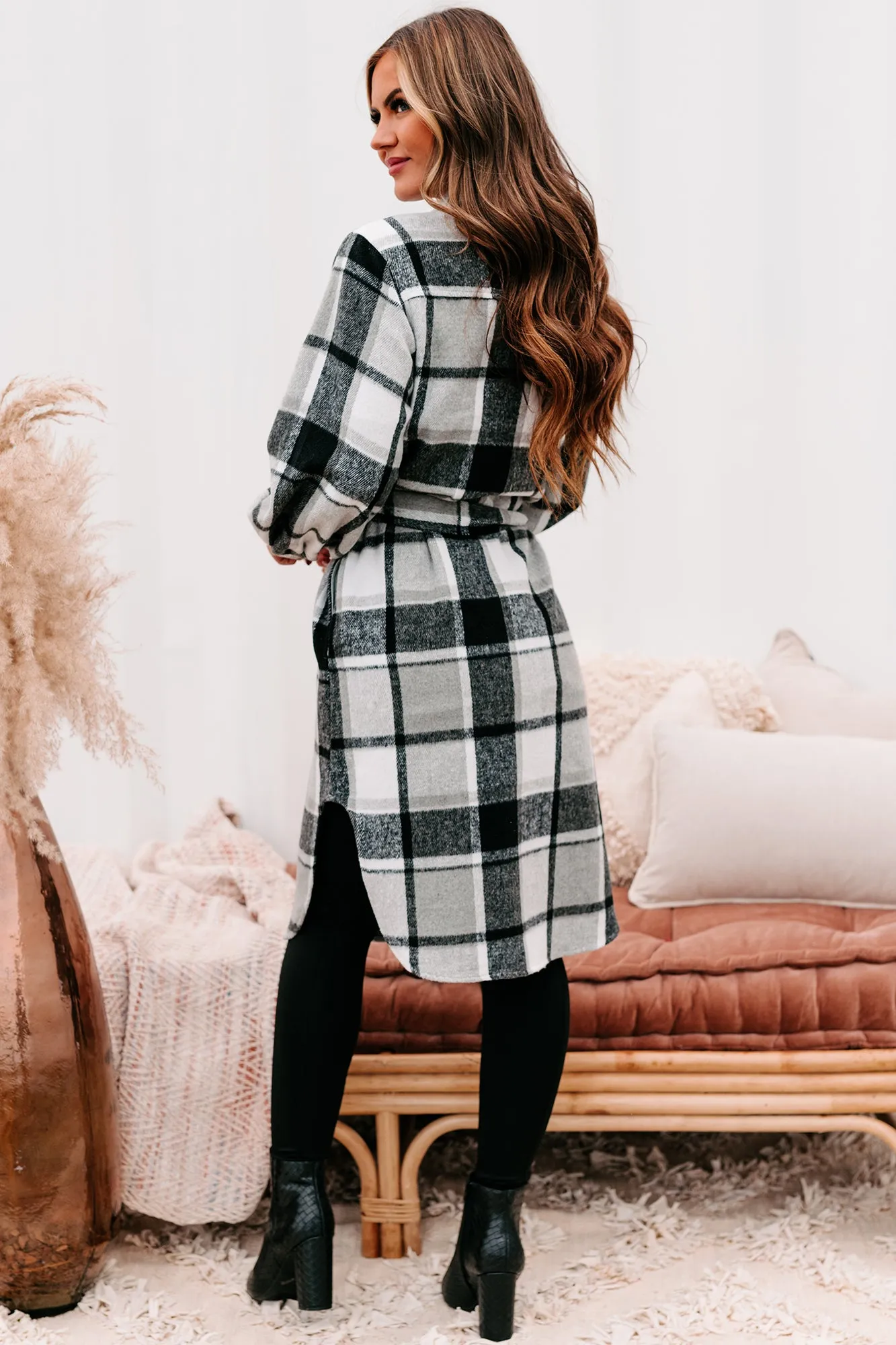 Keep Checkin Plaid Long Shacket (Black)