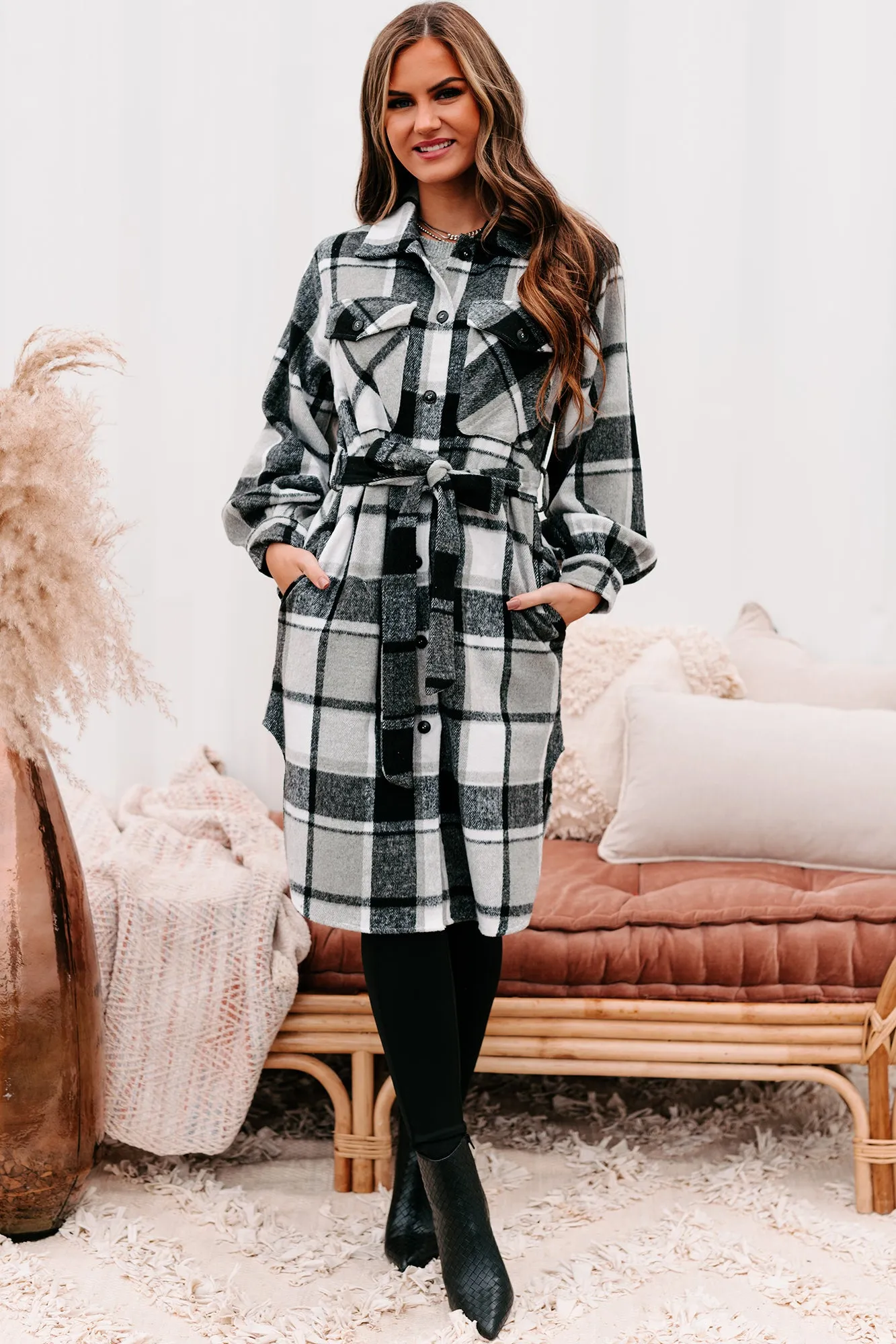 Keep Checkin Plaid Long Shacket (Black)