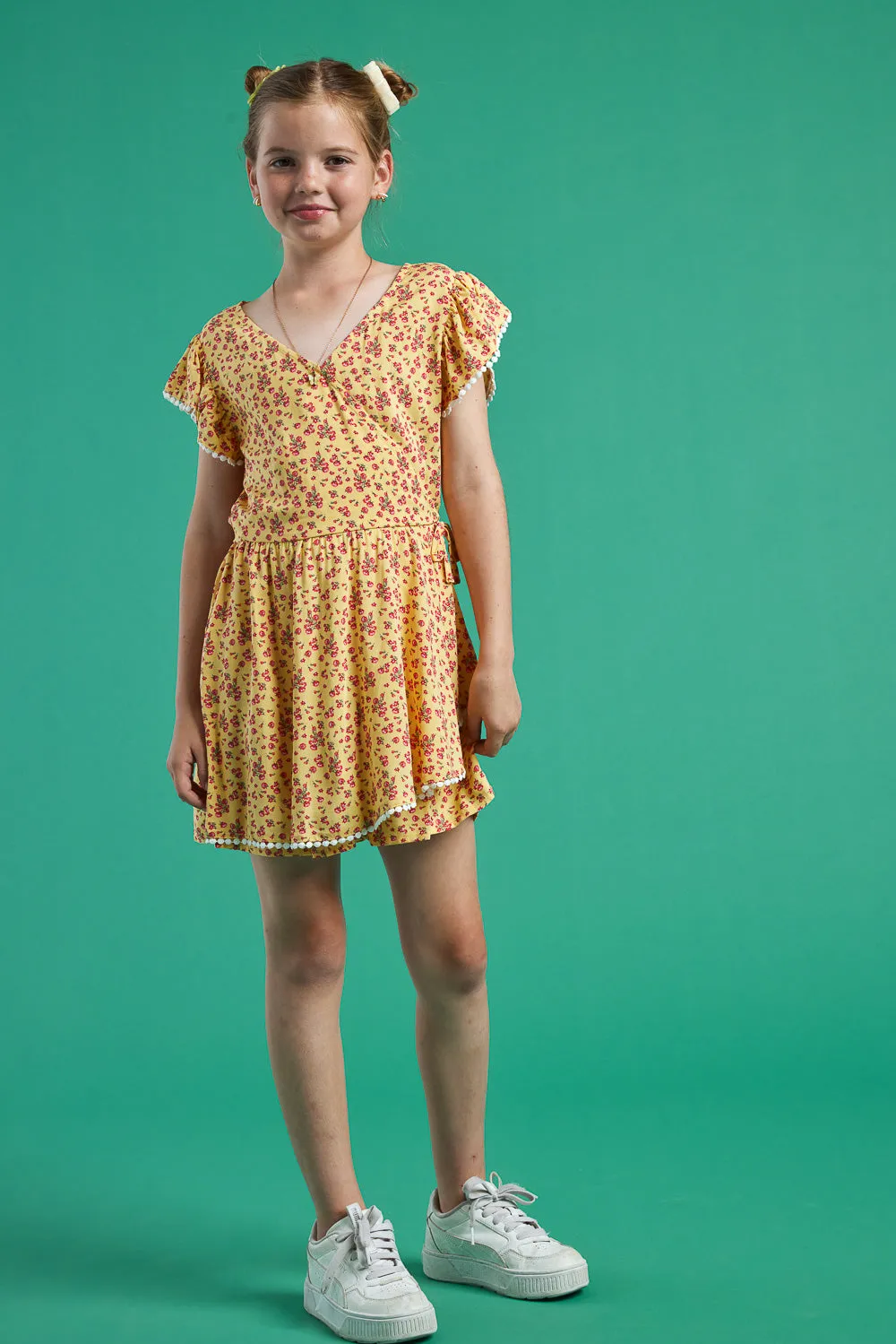 Kids Yellow Floral Print Romper with Pom Pom