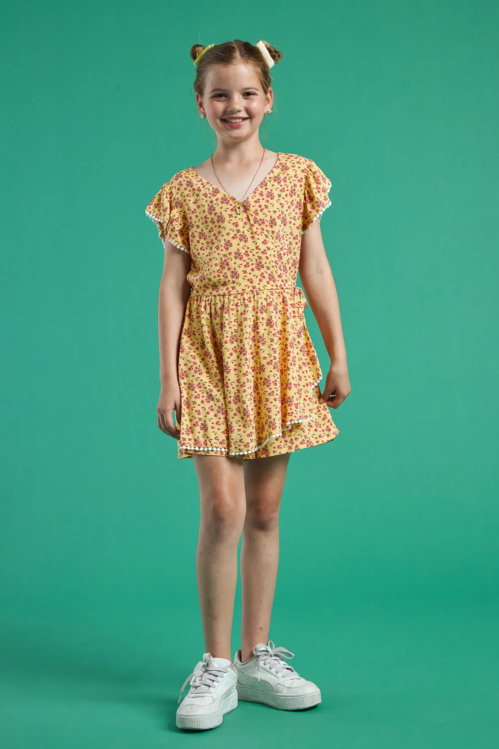 Kids Yellow Floral Print Romper with Pom Pom