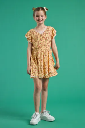 Kids Yellow Floral Print Romper with Pom Pom