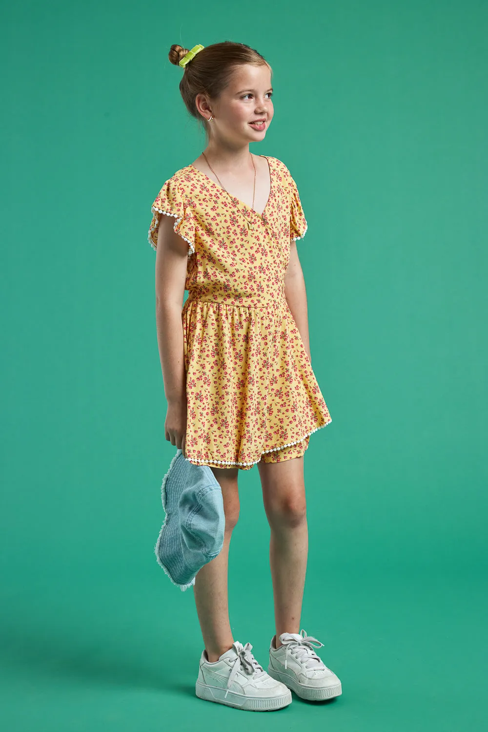 Kids Yellow Floral Print Romper with Pom Pom