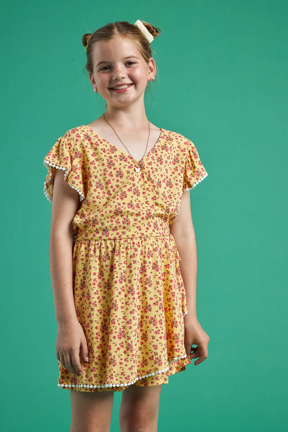 Kids Yellow Floral Print Romper with Pom Pom