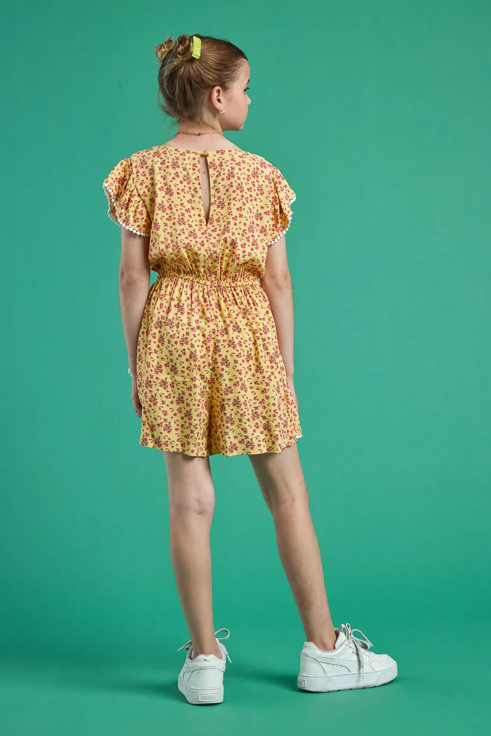 Kids Yellow Floral Print Romper with Pom Pom