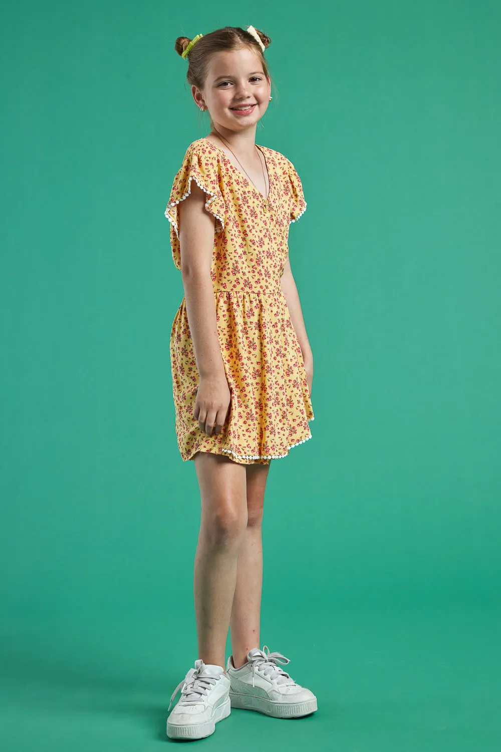 Kids Yellow Floral Print Romper with Pom Pom