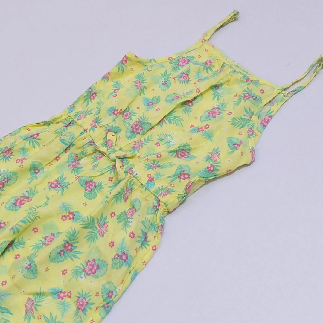 KK - Girls 'Yellow' Flower With Leaf Printed Dungaree Dress KK105