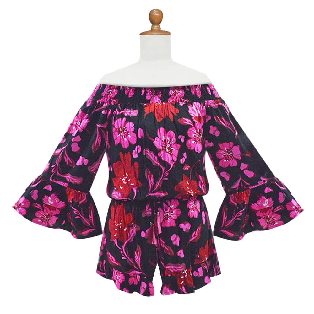 La Mer Luxe Jayda 3/4 Sleeve Romper - Black/Pink Fall Blossom