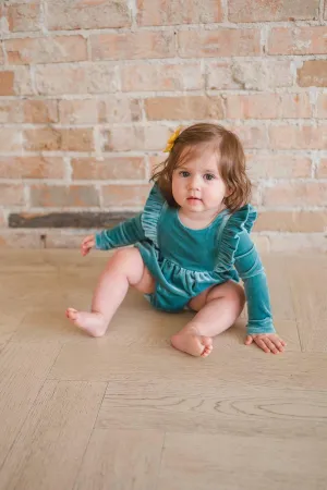 Leah Romper in Aspen Blue Velvet | Baby Bubble