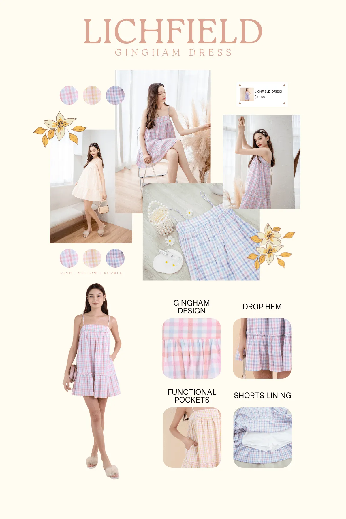 LICHFIELD GINGHAM ROMPER DRESS IN YELLOW