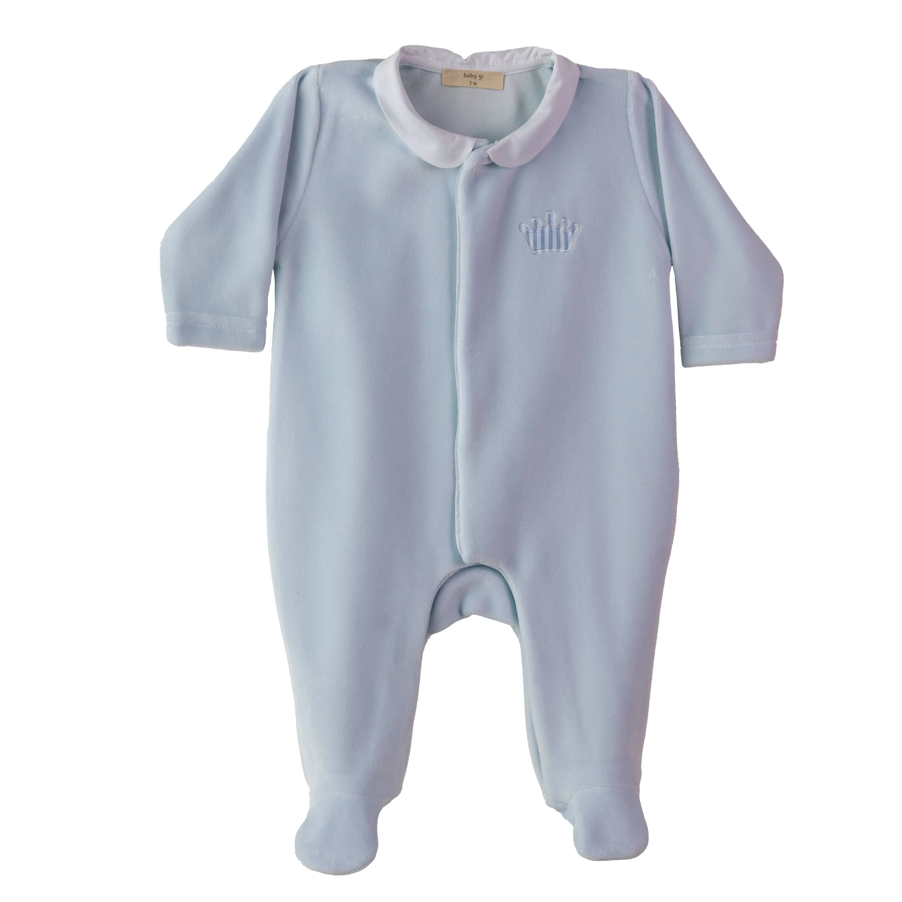 Light Blue Velour Footed Romper with Crown