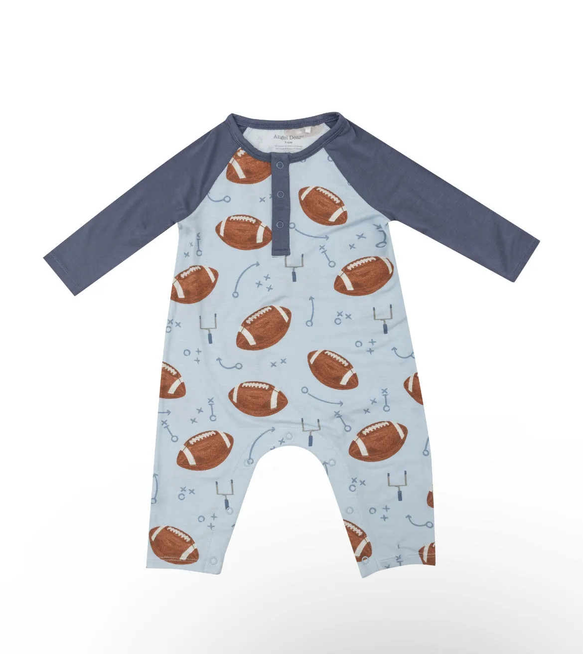 Long Sleeve Raglan Romper- Footballs Blue