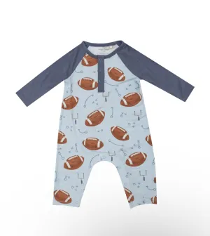Long Sleeve Raglan Romper- Footballs Blue
