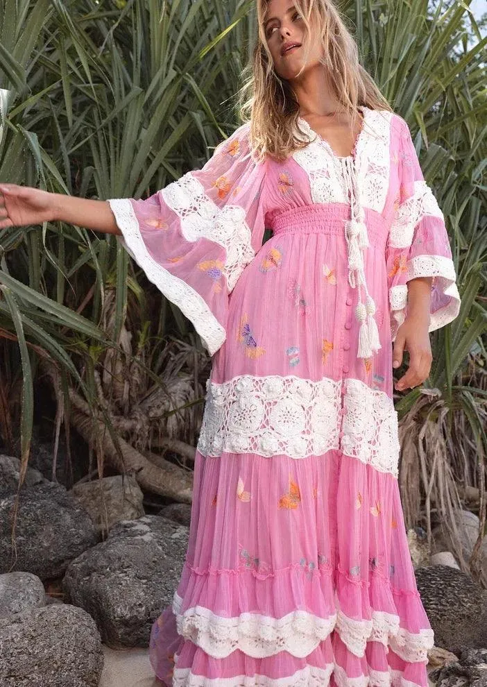 Madame Butterfly Embroidered Dress in Fuchsia