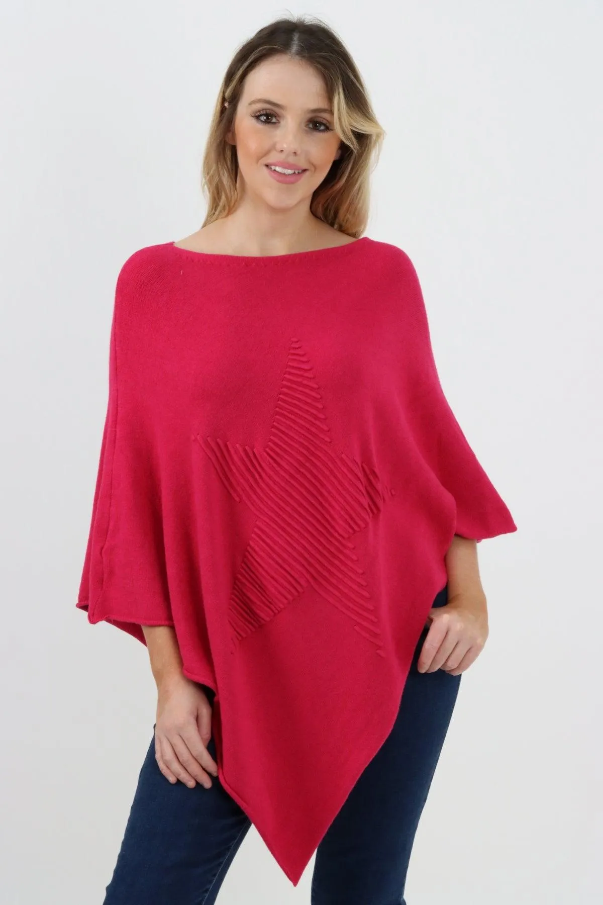 Made In Italy Star Ribbed Round Neck Poncho Top