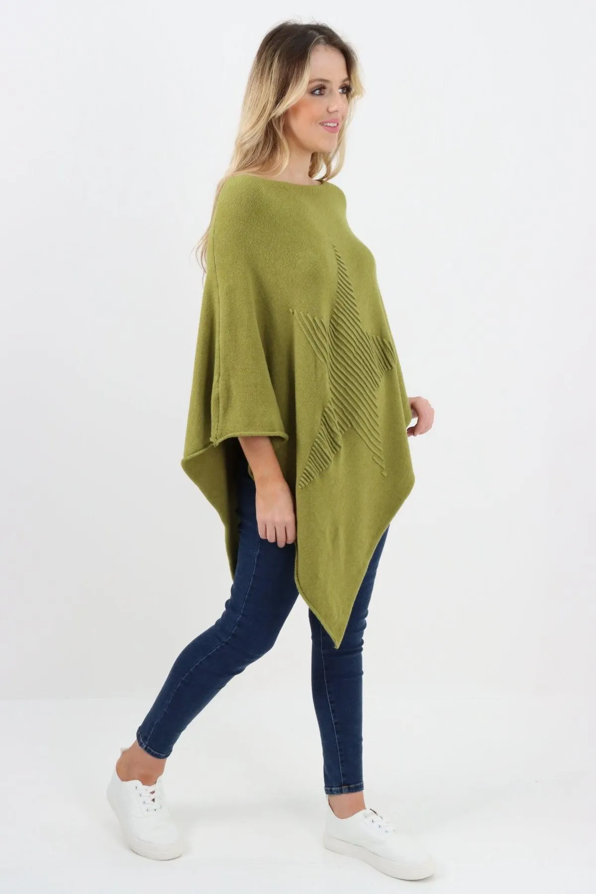 Made In Italy Star Ribbed Round Neck Poncho Top