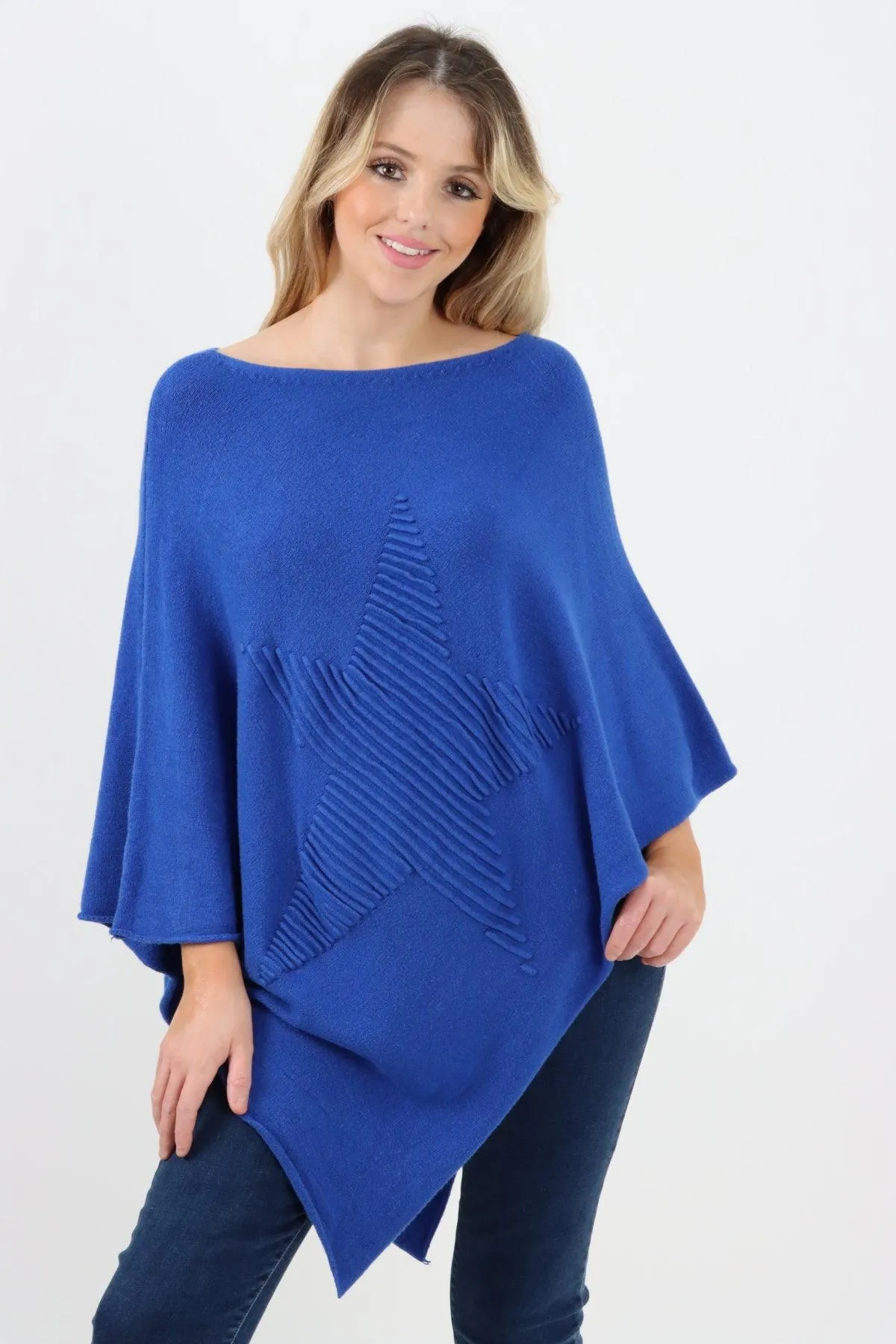 Made In Italy Star Ribbed Round Neck Poncho Top