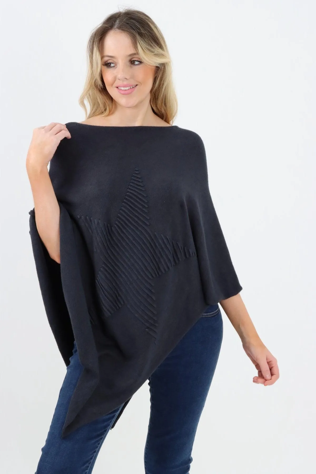 Made In Italy Star Ribbed Round Neck Poncho Top