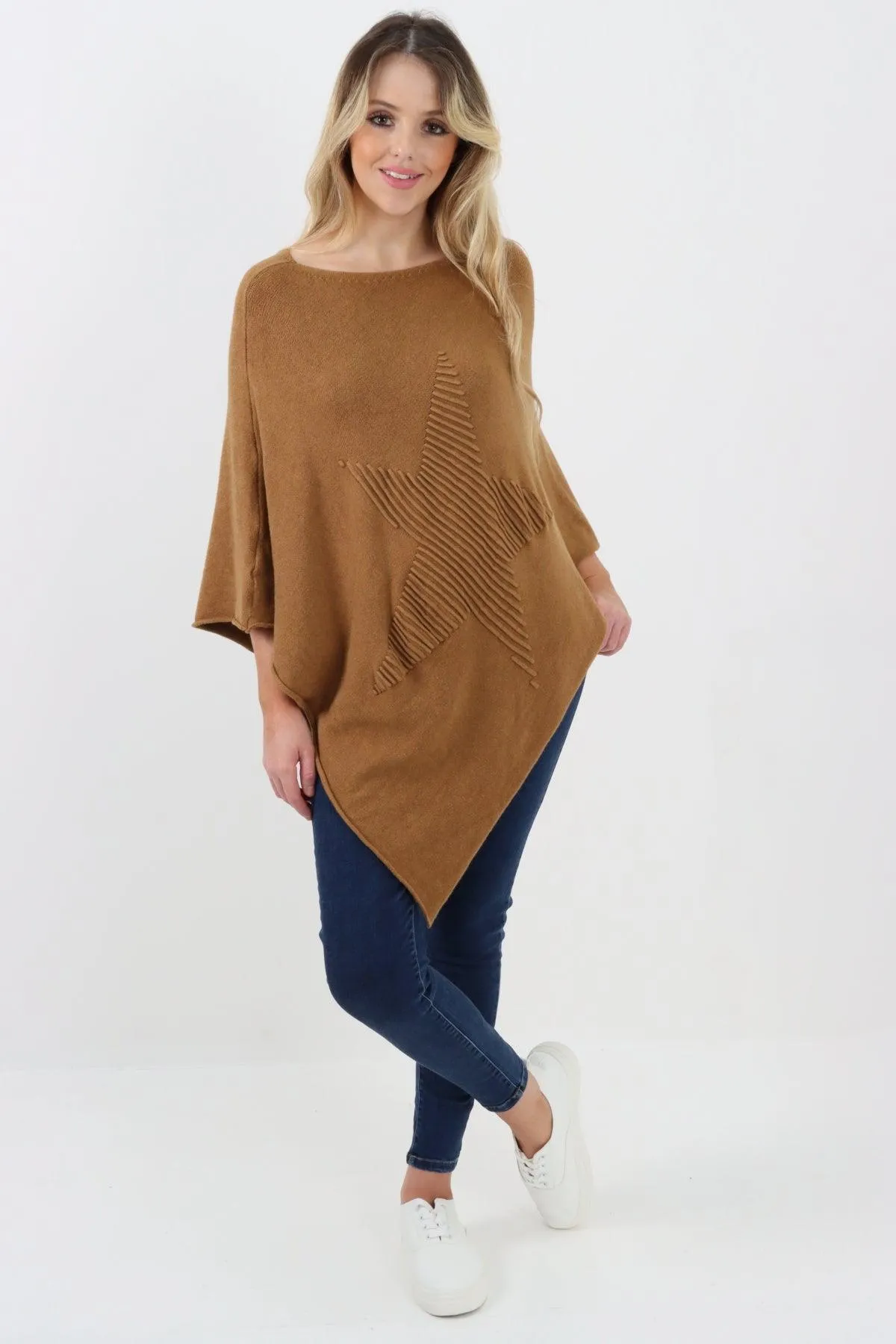 Made In Italy Star Ribbed Round Neck Poncho Top