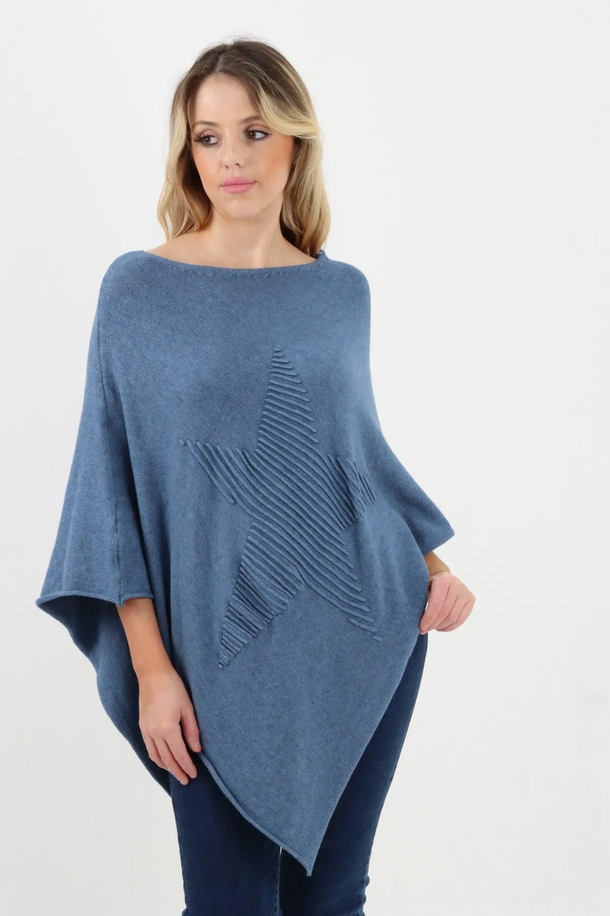 Made In Italy Star Ribbed Round Neck Poncho Top