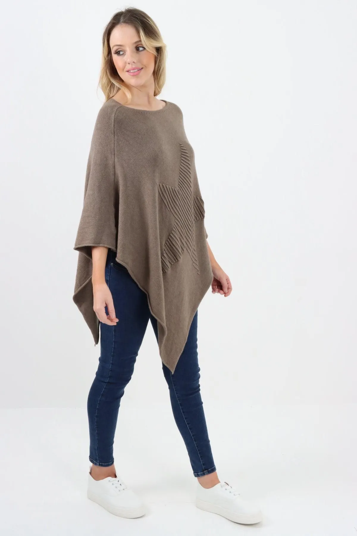 Made In Italy Star Ribbed Round Neck Poncho Top