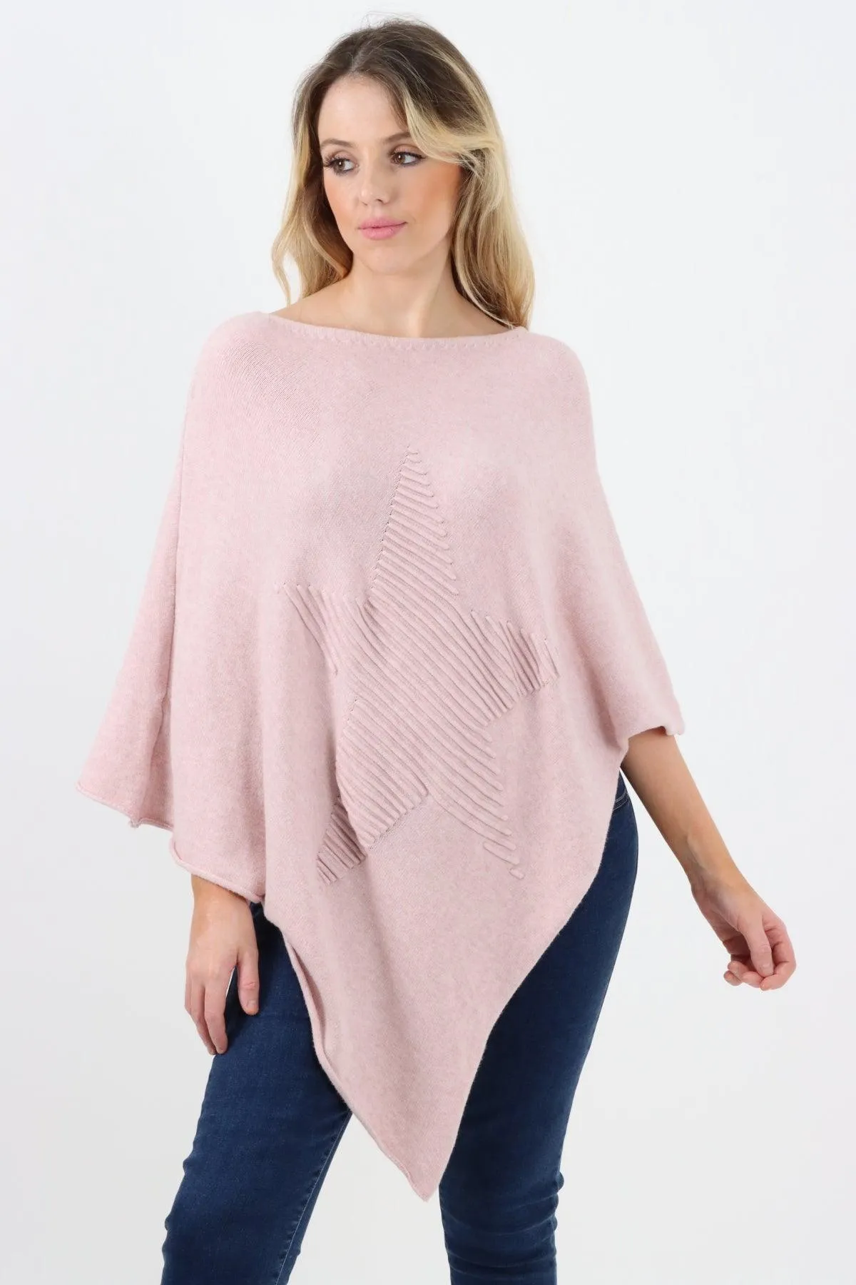 Made In Italy Star Ribbed Round Neck Poncho Top