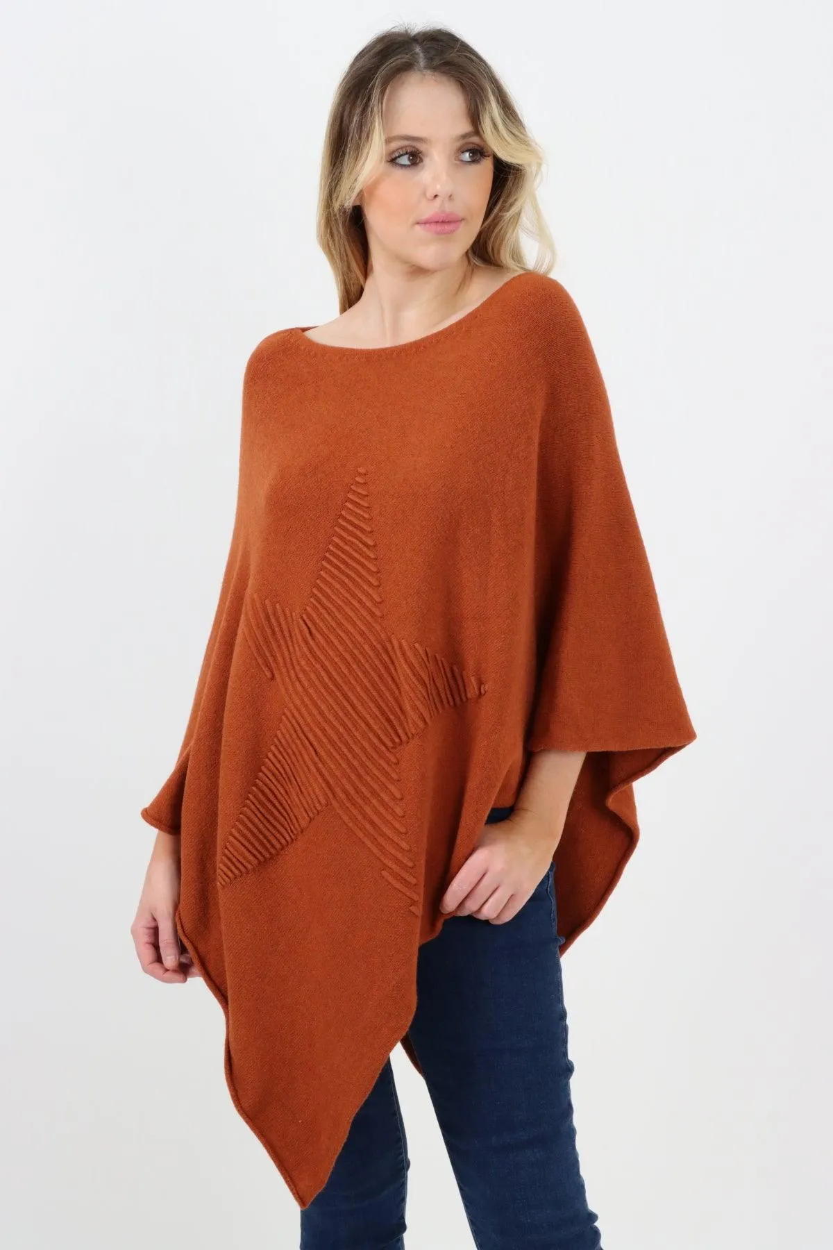 Made In Italy Star Ribbed Round Neck Poncho Top