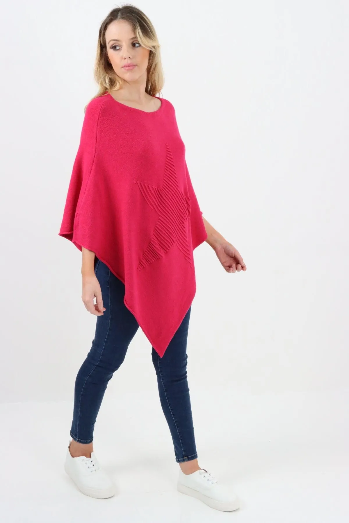 Made In Italy Star Ribbed Round Neck Poncho Top