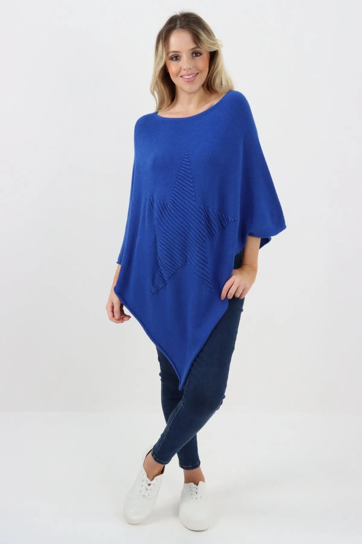 Made In Italy Star Ribbed Round Neck Poncho Top